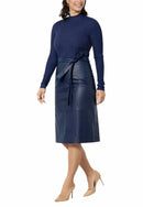 Colleen Lopez Ribbed Knit and Faux Leather Belted Dress Navy Size XXS