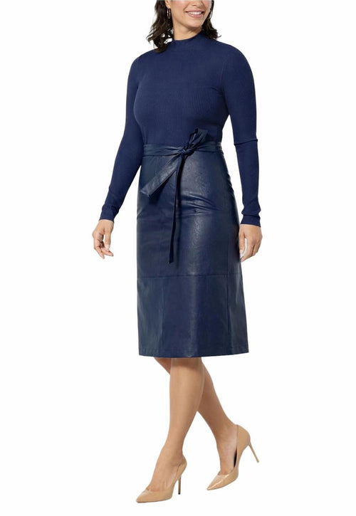 Colleen Lopez Ribbed Knit and Faux Leather Belted Dress Navy Size XXS
