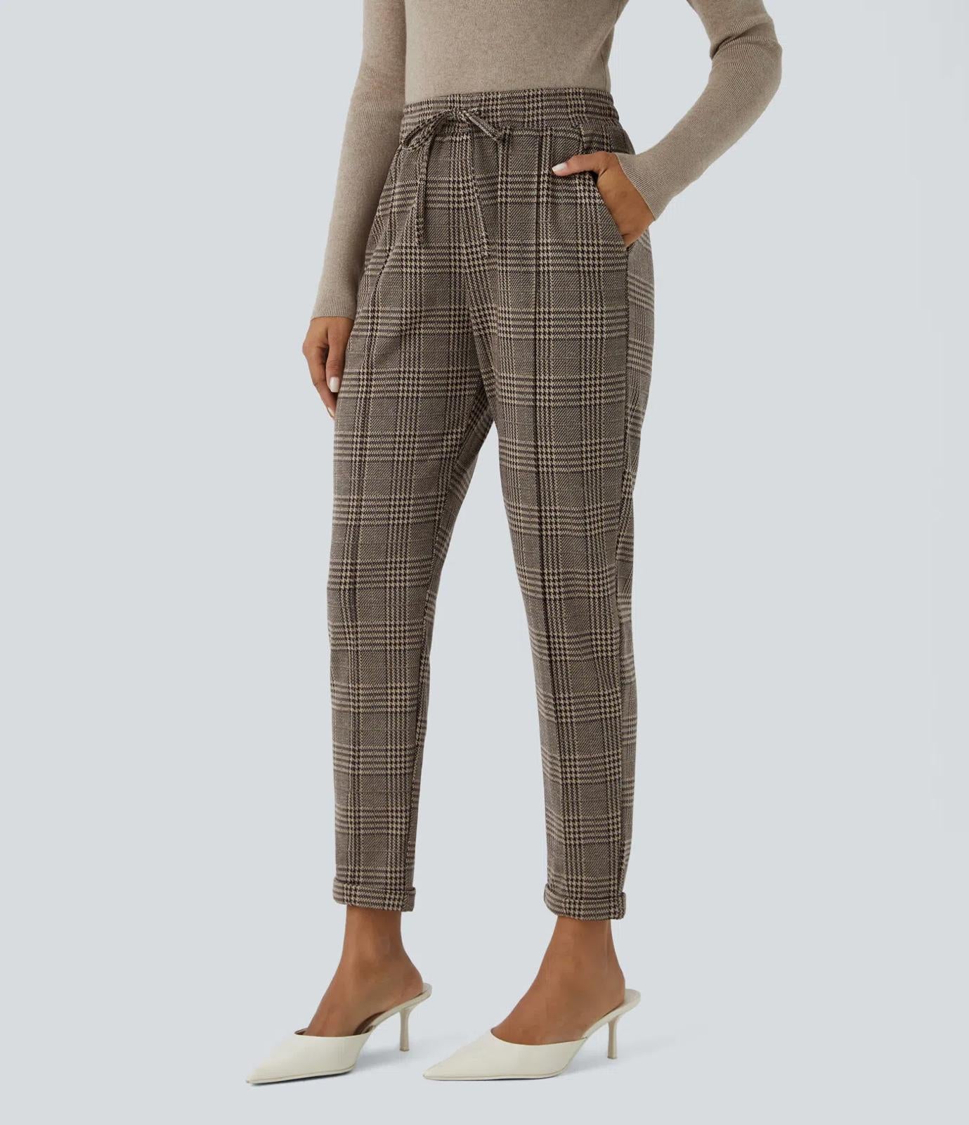 NWT Halara Flex™ Mid Rise Drawstring Pocket Houndstooth Plaid Work Pants Size XS