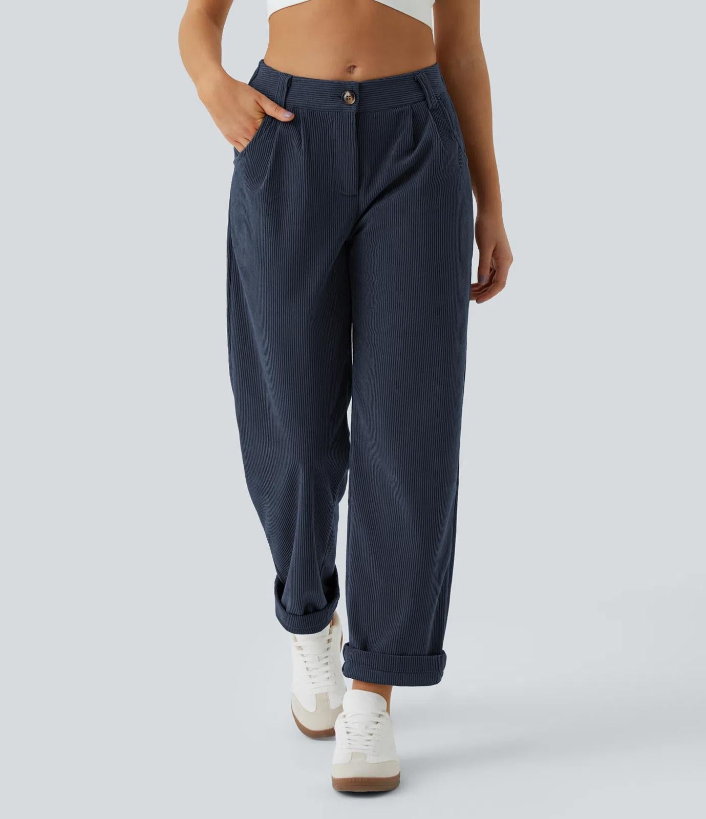 NWT Halara Mid Rise Zipper Pocket Corduroy Blue Casual Pants Size Small