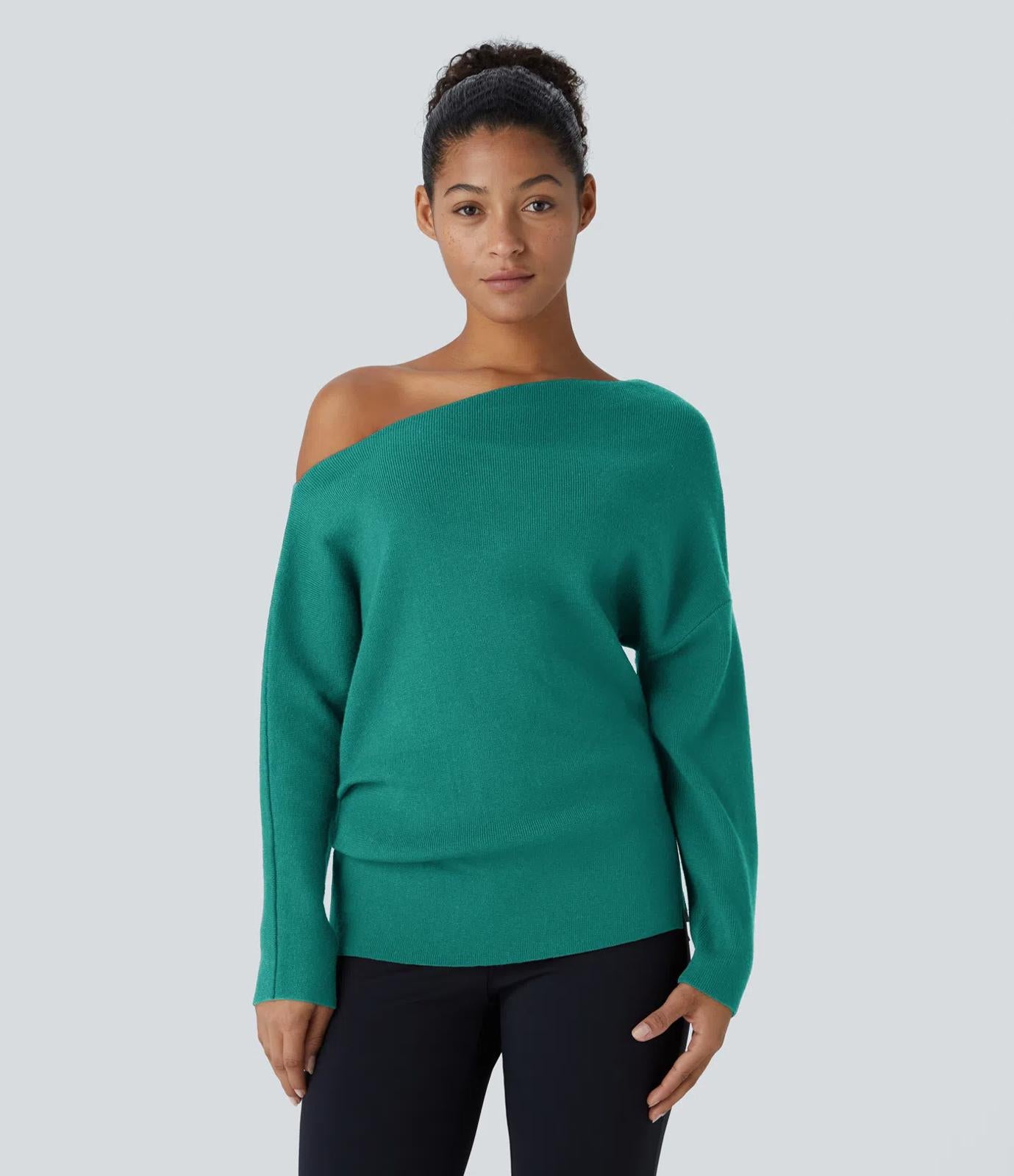 NWT Halara Off Shoulder Long Sleeve Work Sweater Green Small