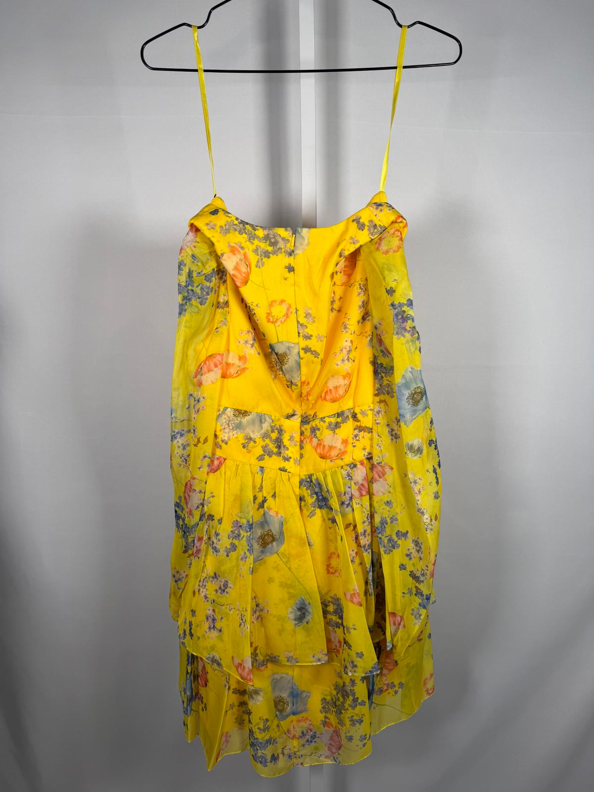 NWT Mac Duggal Yellow Floral Print Puff Sleeve Ruffled Mini Dress Size 2