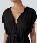 NWT Halara Deep V Neck Butterfly Sleeve Pocket Flowy Maxi Casual Dress Black L