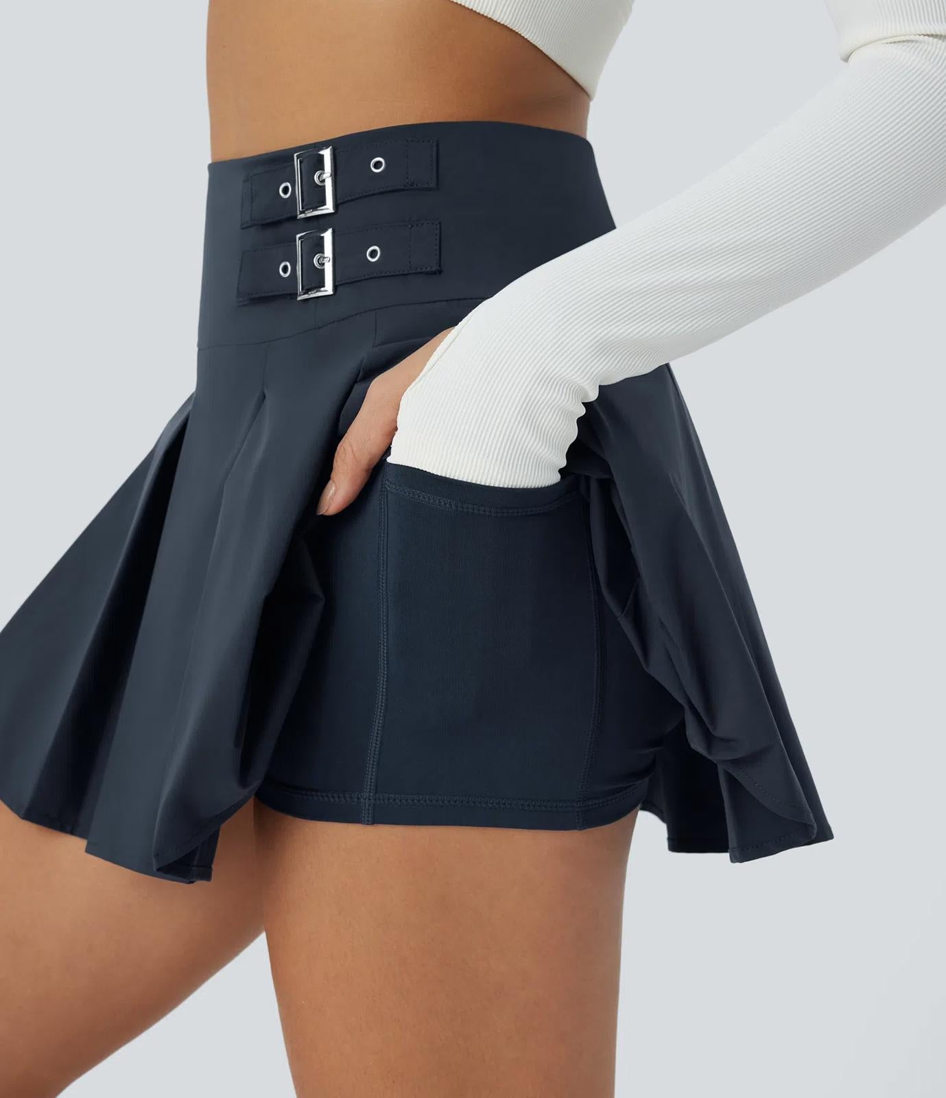 NWT Halara High Waisted Buckle 2-in-1 Side Pocket Mini Dance Skirt Size Large