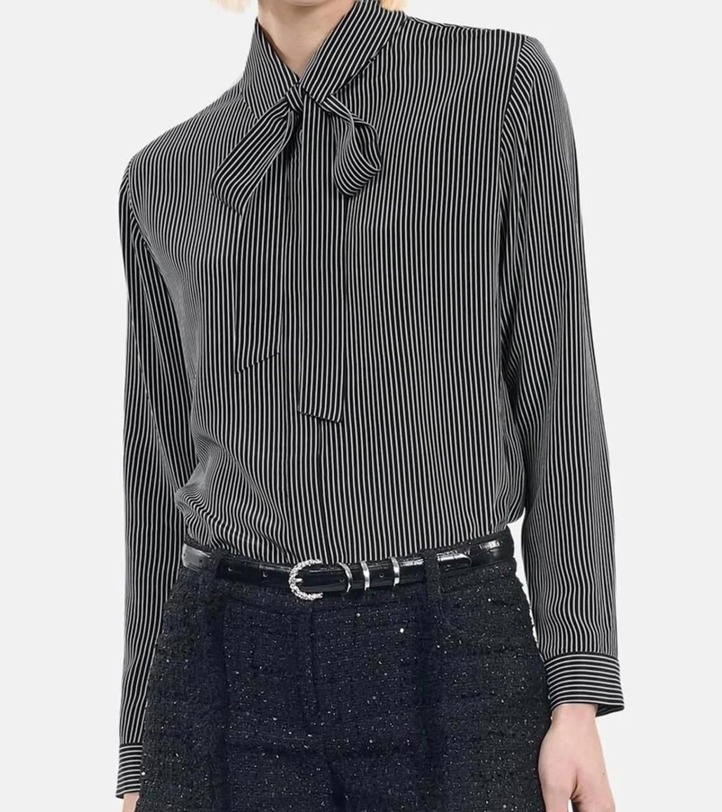 The Kooples Micro Striped 100% Silk Tie-Neck Blouse Size US S / FR 1 $415 NWT