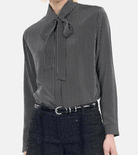 The Kooples Micro Striped 100% Silk Tie-Neck Blouse Size US S / FR 1 $415 NWT
