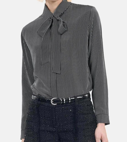 The Kooples Micro Striped 100% Silk Tie-Neck Blouse Size US S / FR 1 $415 NWT