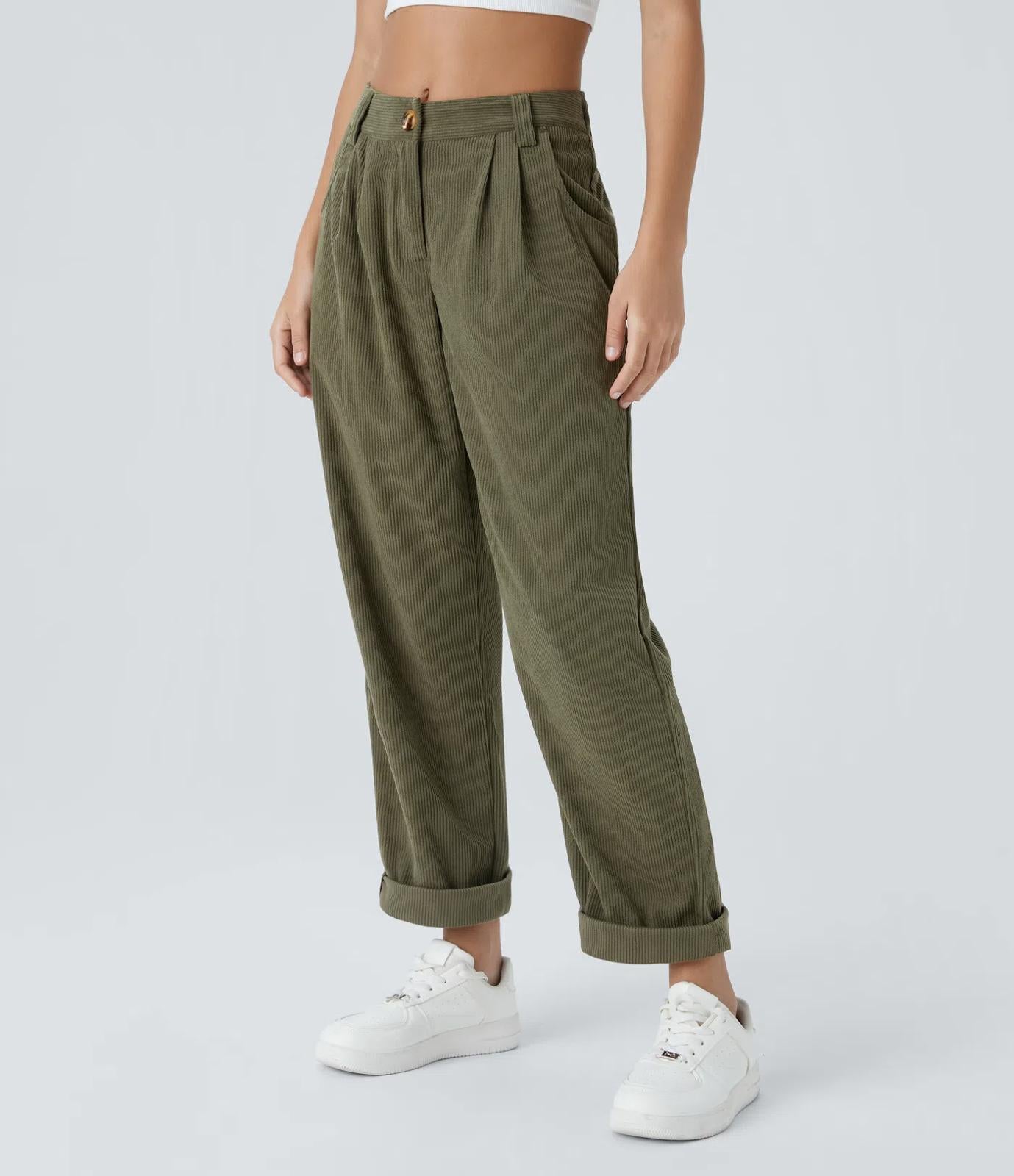 NWT Halara Mid Rise Zipper Pocket Corduroy Casual Pants Green Size M Tall
