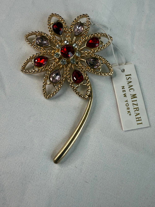 NWT Isaac Mizrahi Holiday Floral Brooch with red and pink crystals