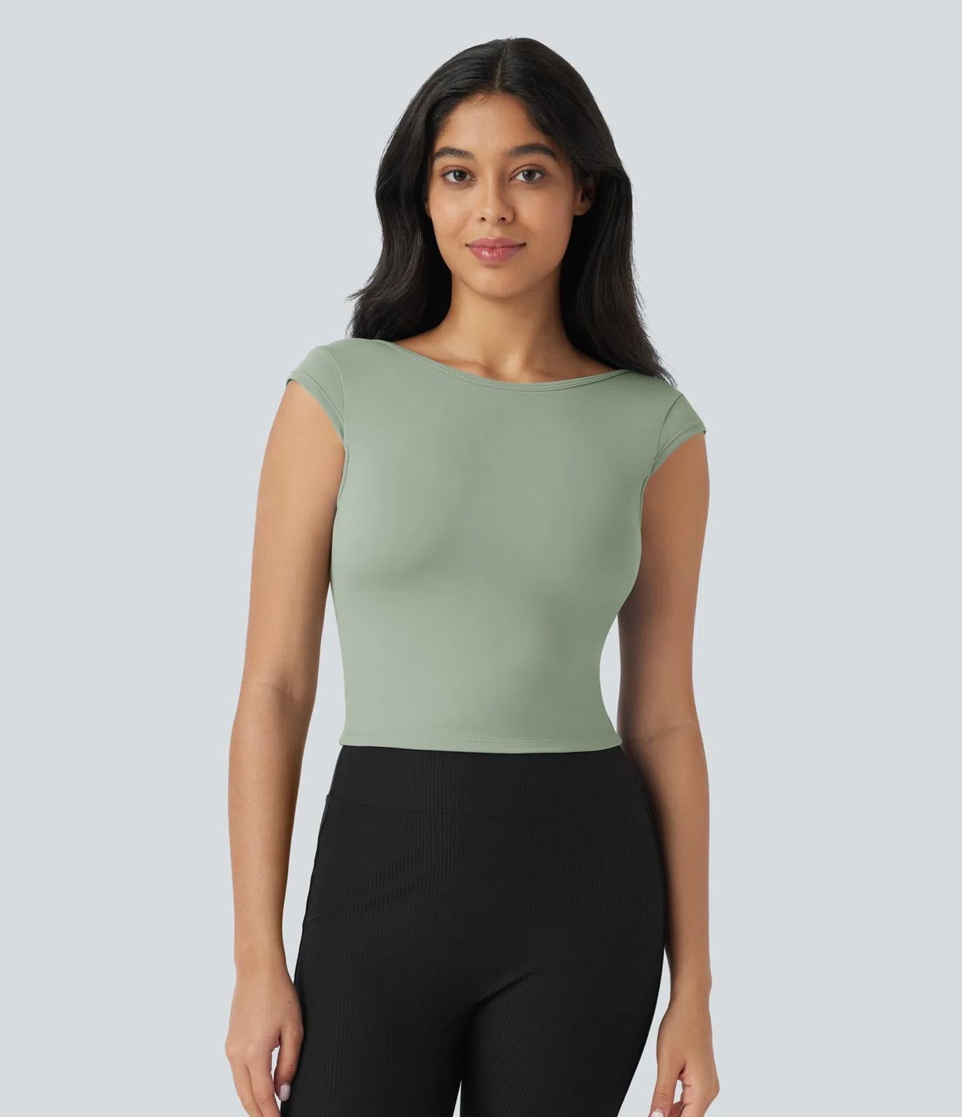 NWT Halara Boat Neck Cap Sleeve Cropped Casual T-Shirt-UPF50+ Asparagus S