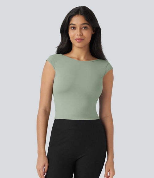 NWT Halara Boat Neck Cap Sleeve Cropped Casual T-Shirt-UPF50+ Asparagus S