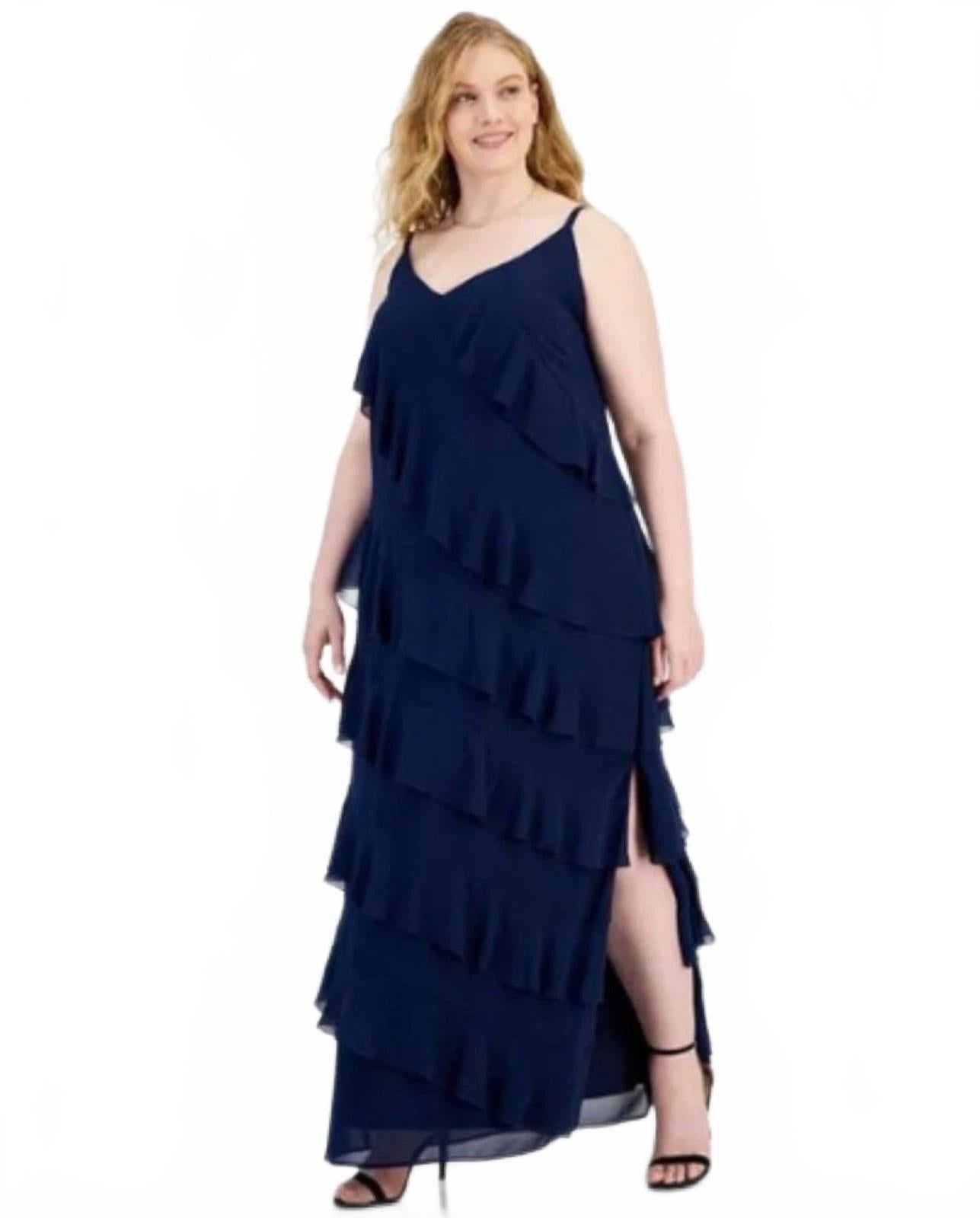 B. Darlin Women's V-Neck Sleeveless Ruffle-Trim Gown Navy Plus Size 24 – Bralissa