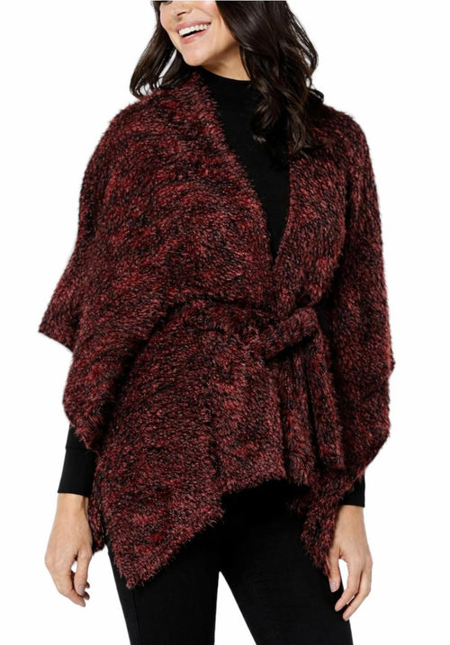 Colleen Lopez Women's Fuzzy Knit Belted Poncho Henna Size XXS