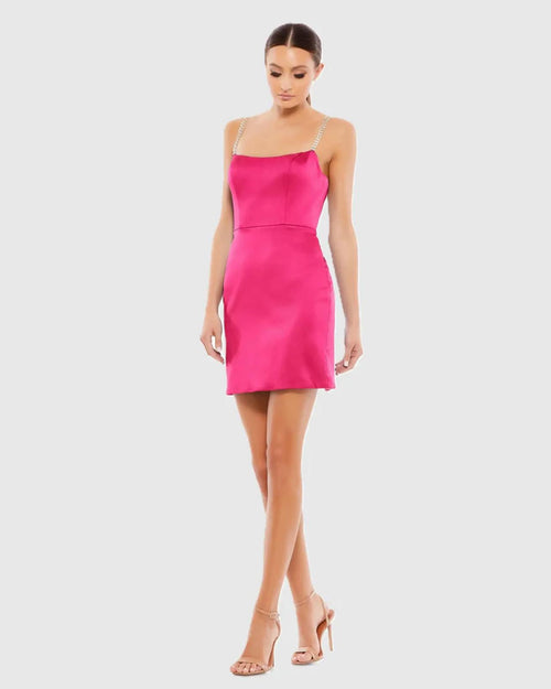 NWT Mac Duggal Apparel  Candy Pink Rhinestone Strap Satin Mini Dress Size 2