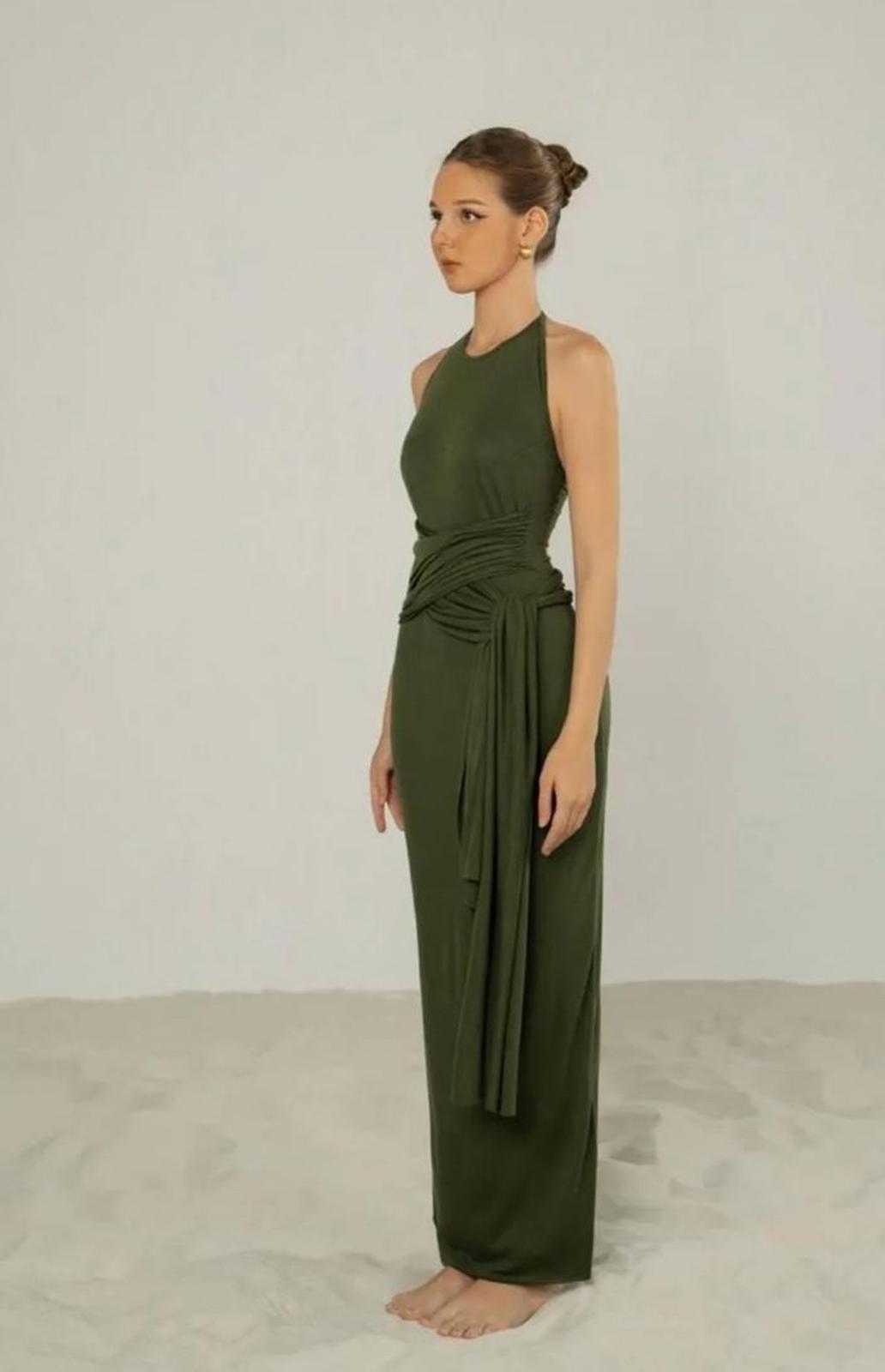 Atelier Olive Green Maxi Dress with Tie Detail Size M