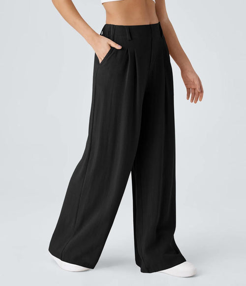 NWT Halara High Waisted Wide Leg Palazzo Linen-Feel Pants Black Small Tall