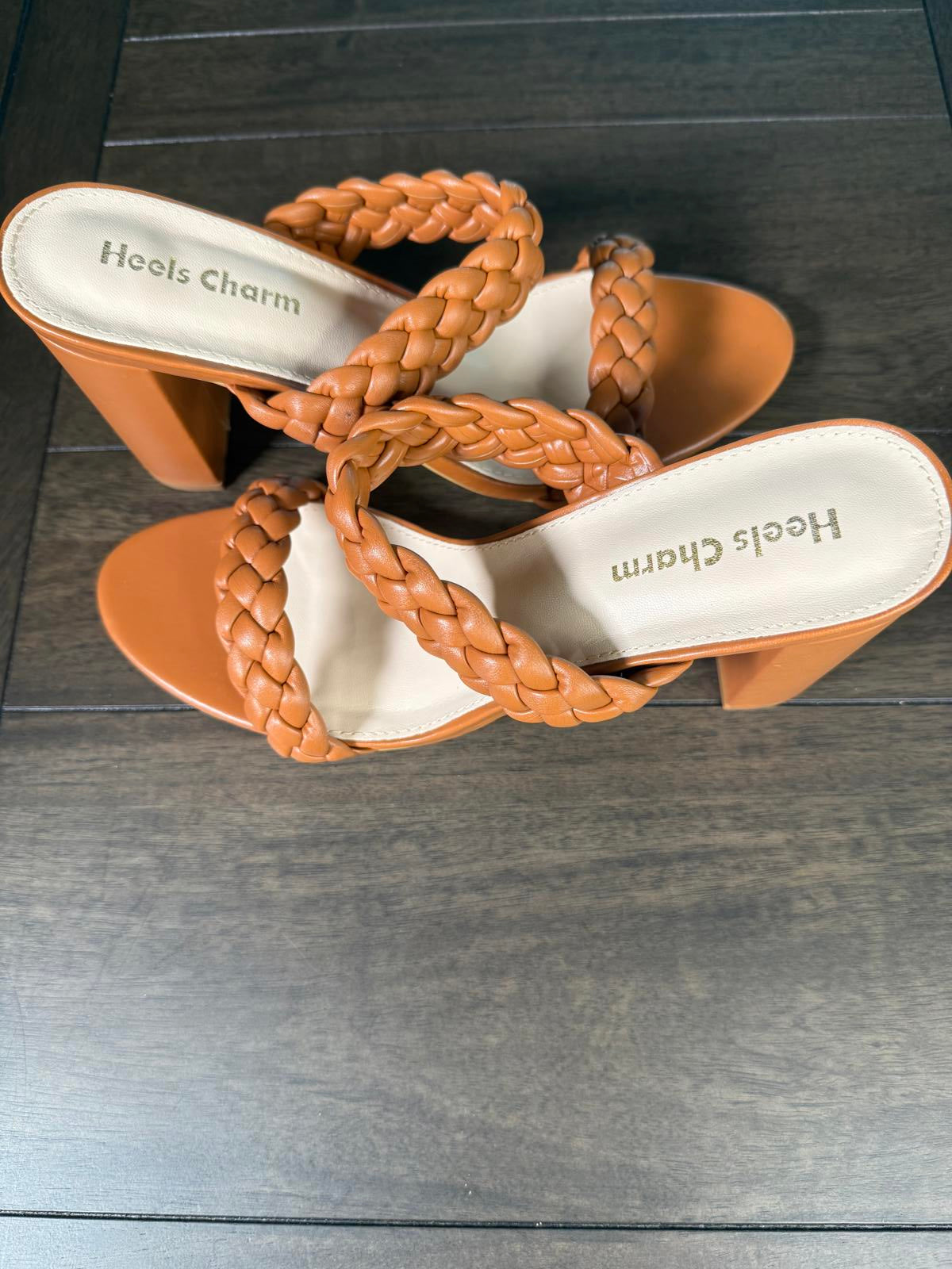 Heels Charm Women's Woven Chunky Block Heeled Sandal Brown, Size 9 NWT