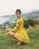 NWT Mac Duggal Yellow Floral Print Puff Sleeve Ruffled Mini Dress Size 2