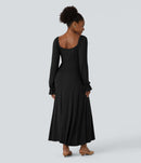 NWT Halara Square Neck Drawstring Tie Front Flounce Long Sleeve Dress Black S