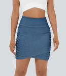 NWT Halara Flex High Waist Bodycon Denim Mini Ruched Casual Skirt Washed Denim-M