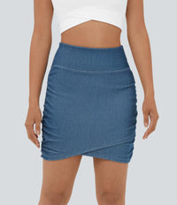NWT Halara Flex High Waist Bodycon Denim Mini Ruched Casual Skirt Washed Denim-M