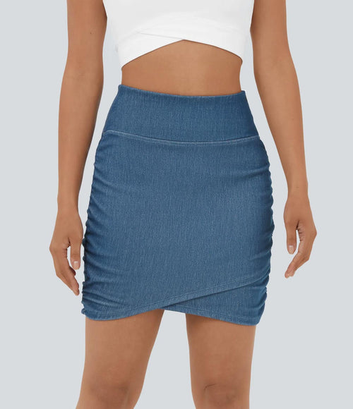 NWT Halara Flex High Waist Bodycon Denim Mini Ruched Casual Skirt Washed Denim-M