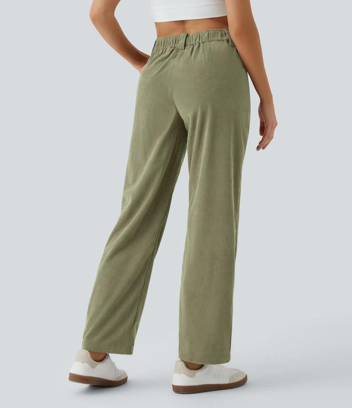 NWT Halara Mid Rise Zipper Pocket Corduroy Casual Pants Fresh Grass Green Size M