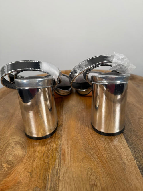 NIB Pretty Little Thing Silver Metallic Thick Strap Block Heeled Sandals Size 5