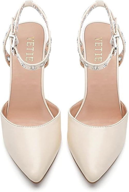 YETIER Women's Pointed Toe Rivet Heels Adjustable Ankle Strap Size 9. NWT. Beige
