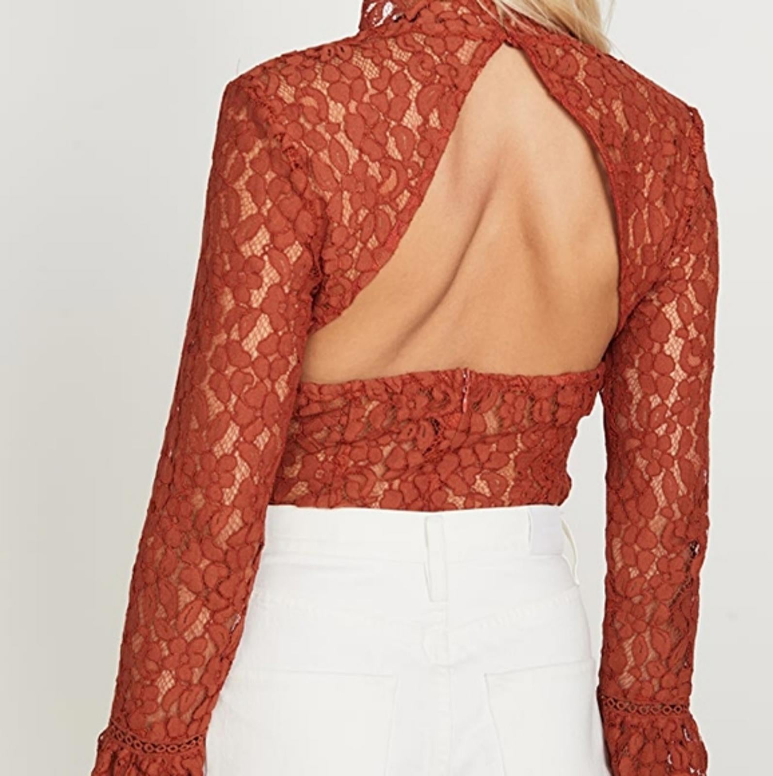 NWT Endless Rose Cut Back Detail Lace Bodysuit Rust Size Large