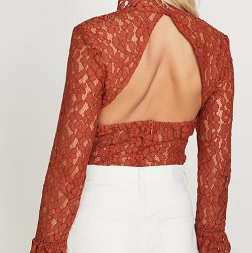 NWT Endless Rose Cut Back Detail Lace Bodysuit Rust Size Large