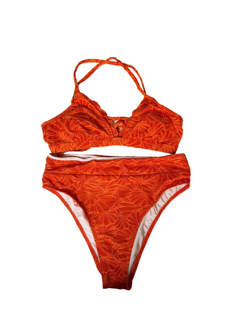 NWT Cupshe Orange Floral Jacquard Scalloped Bralette High Waist Bikini Set - M