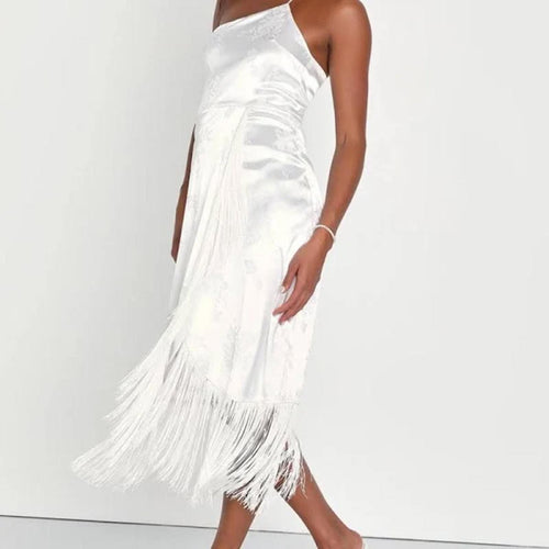 NWT Lulus White Midi Dress with Fringe Size XS