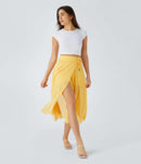 NWT Halara High Waisted Drawstring 2-in-1 Pocket Flowy Midi Skirt Popcorn S