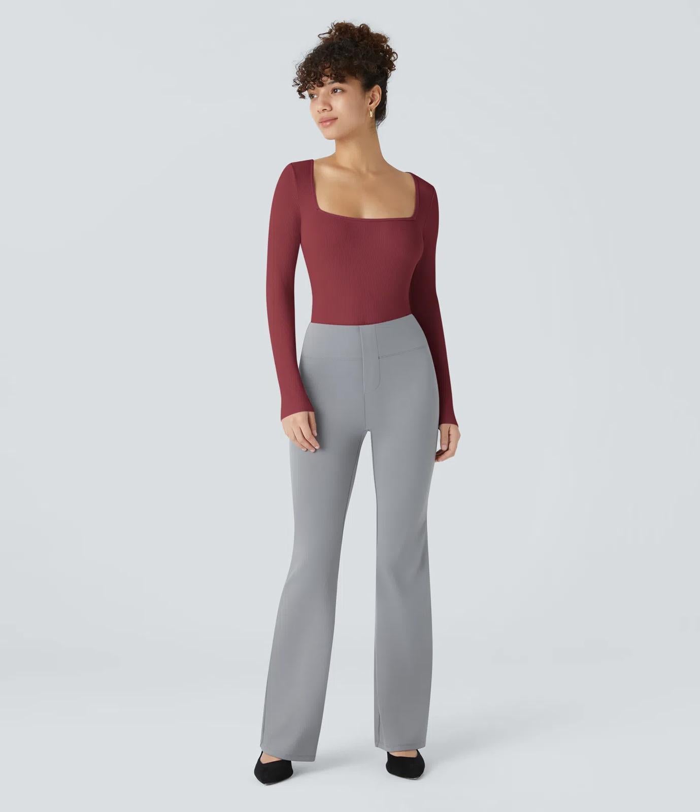 NWT Halara Ribbed Knit Square Neck Long Sleeve Skinny Bodysuit Ruby Wine L