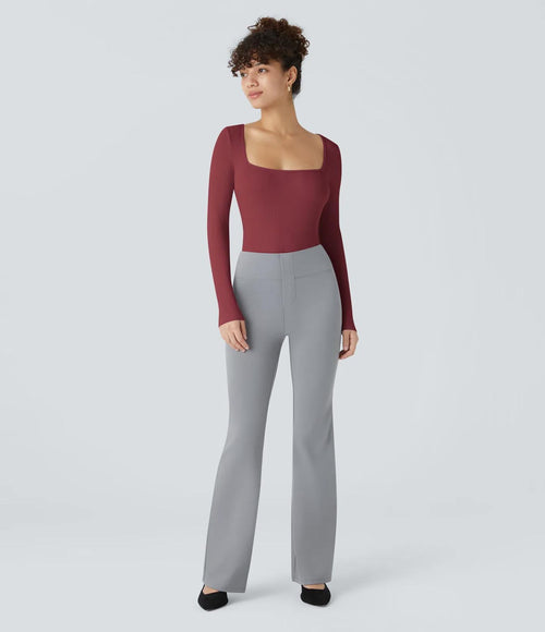 NWT Halara Ribbed Knit Square Neck Long Sleeve Skinny Bodysuit Ruby Wine L