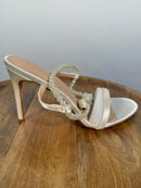 Lulus Leaah White Satin Pearl Lace-Up High Heel Sandals - 11 NWB