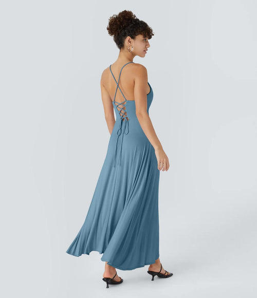 NWT Halara Ribbed Cowl Neck Lace Up Midi Dress Rainy Sky Blue L