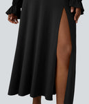 NWT Halara Square Neck Drawstring Tie Front Flounce Long Sleeve Dress Black S