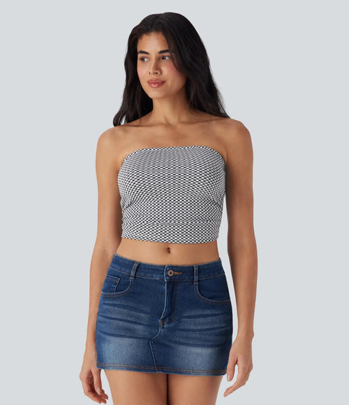 NWT Halara Ruched Plaid Cropped Casual Tube Top Black White Plaid Size Medium