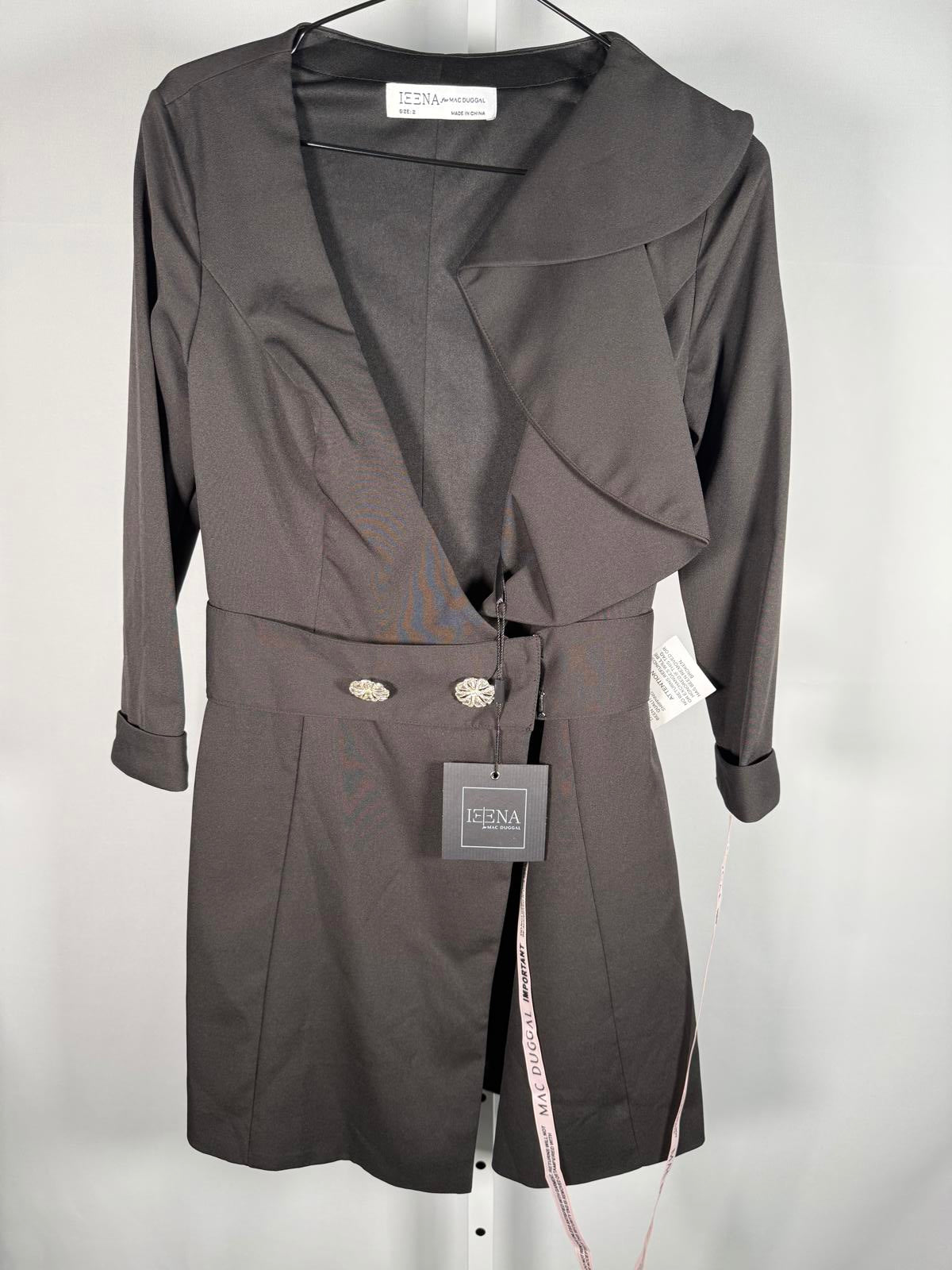 NWT Mac Duggal Three Quarter Sleeve Ruffle Neck Dress Black Size 2