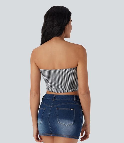 NWT Halara Ruched Plaid Cropped Casual Tube Top Black White Plaid Size XS