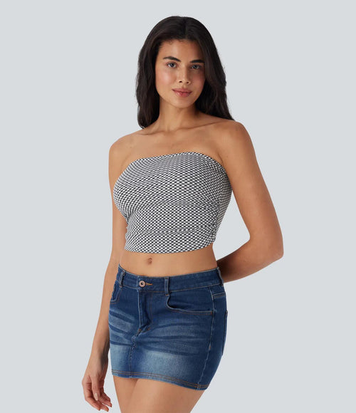 NWT Halara Ruched Plaid Cropped Casual Tube Top Black White Plaid Size Large
