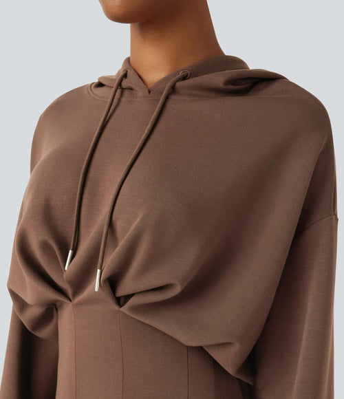 NWT Halara Drawstring Long Sleeve Pleated Hem Mini Casual Hoodie Dress Mustang L