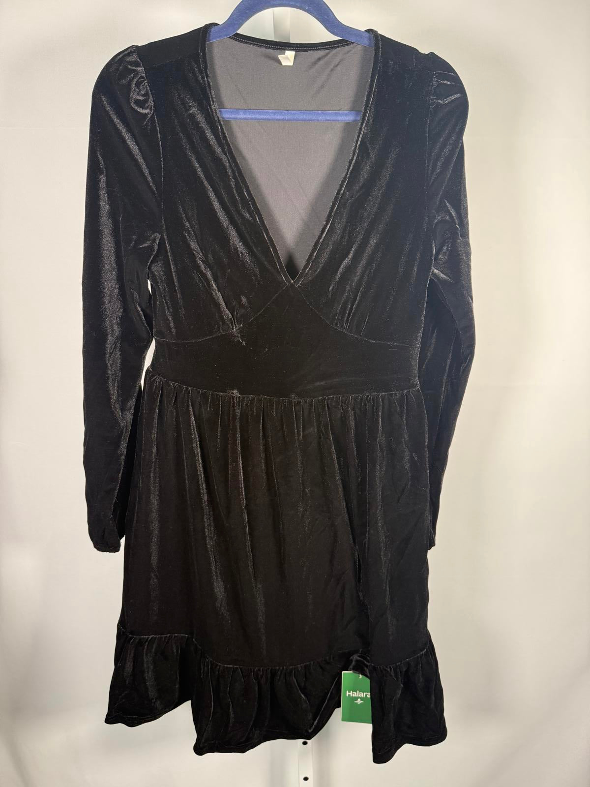 NWT Halara Deep V Neck Long Sleeve Ruffled Hem Velvet Mini Chill Dress Black L
