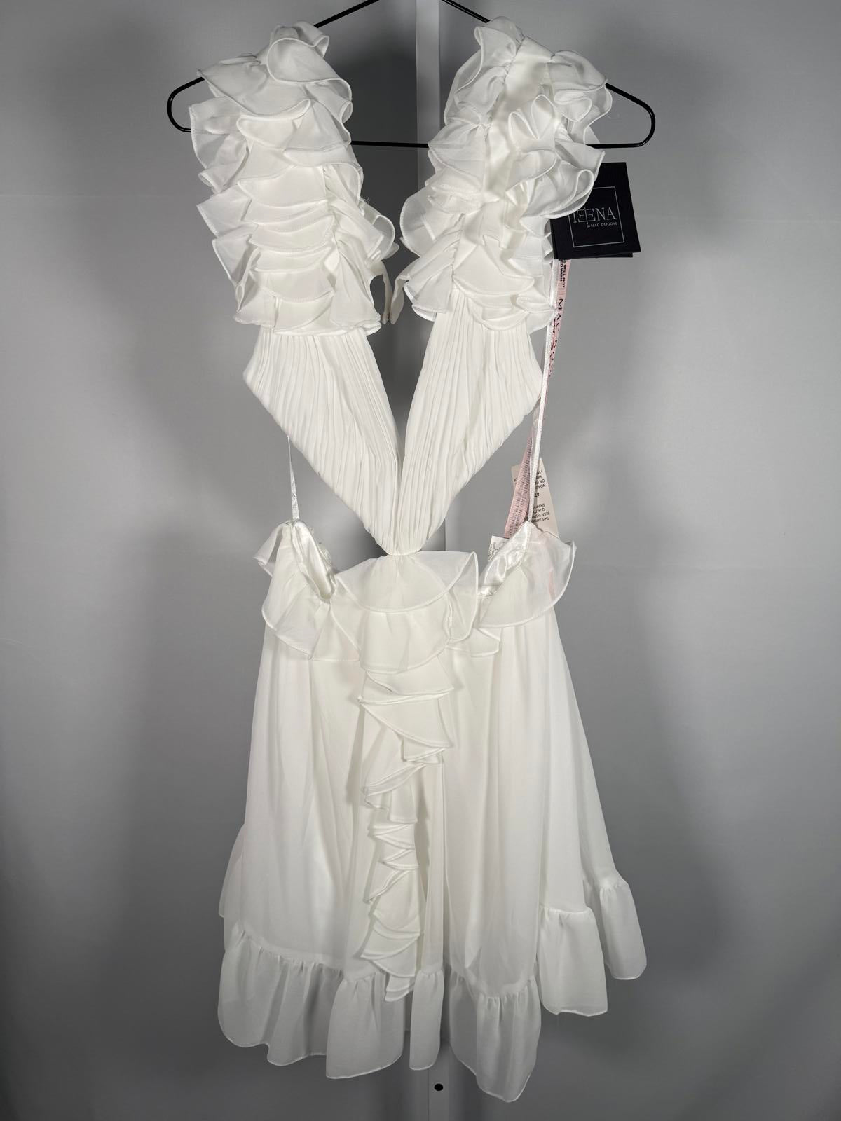 NWT Mac Duggal Apparel White Ruffled Cut-Out V Neck Mini Dress Size 4