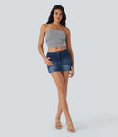 NWT Halara Ruched Plaid Cropped Casual Tube Top Black White Plaid Size Large