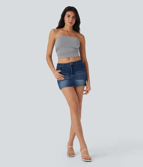 NWT Halara Ruched Plaid Cropped Casual Tube Top Black White Plaid Size Large