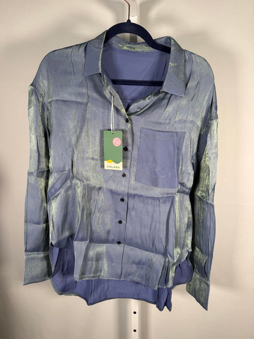 NWT Halara Pocket High Low Curved Hem Shine Oversize Work Shirt Troposphere XS