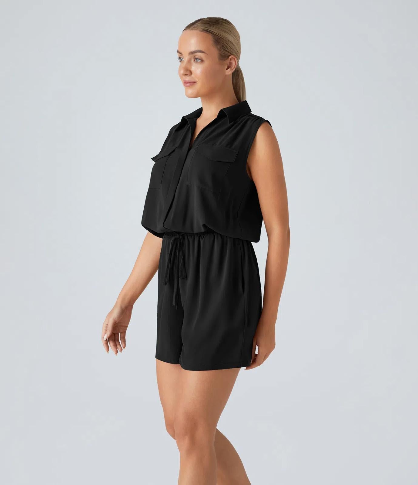 NWT Halara Sleeveless Pockets Drawstring Casual Jumpsuit Black Size L